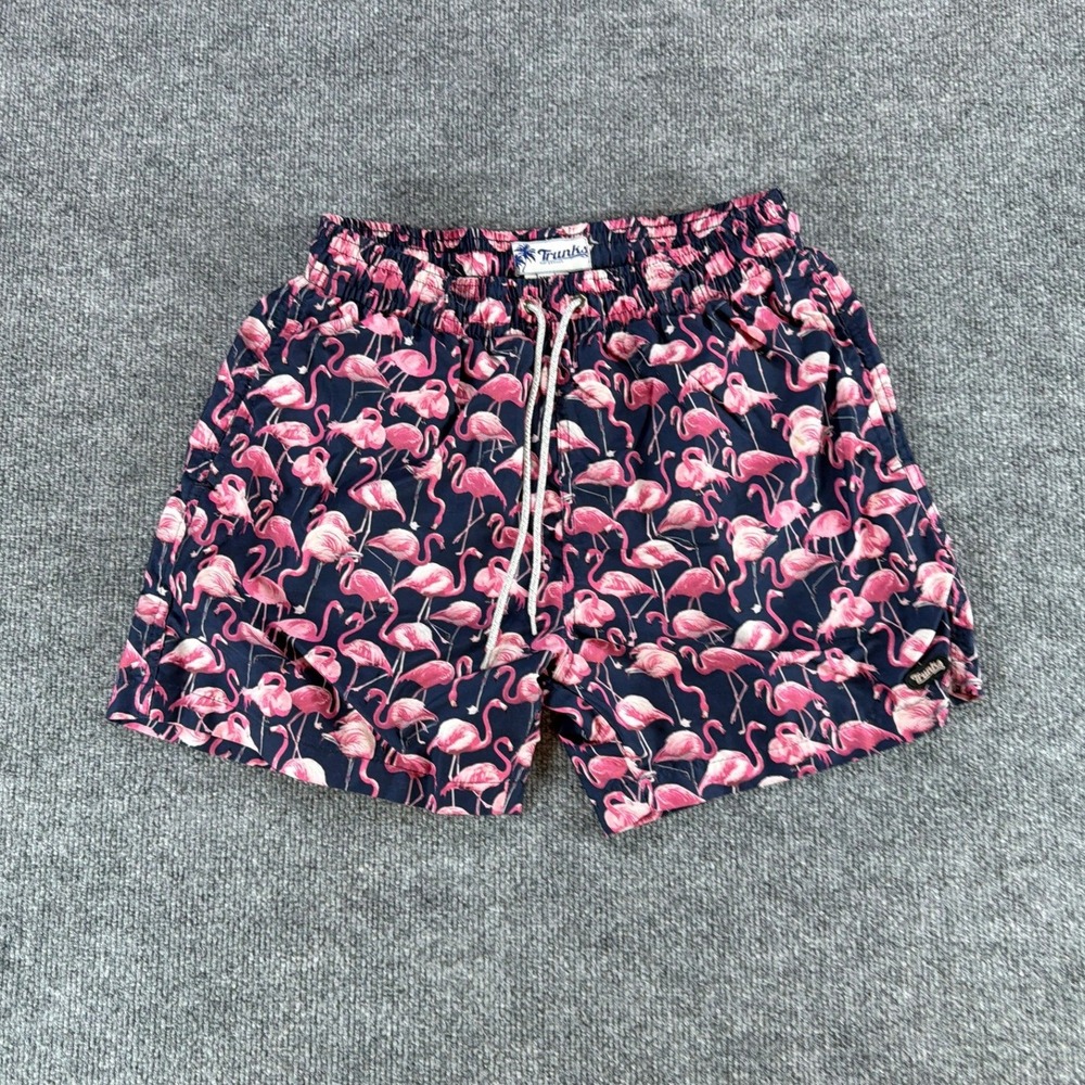 Trunks Surf & Swim Co Mens‎ Pink Flamingo Print Swim Trunks Navy Blue Medium 5in